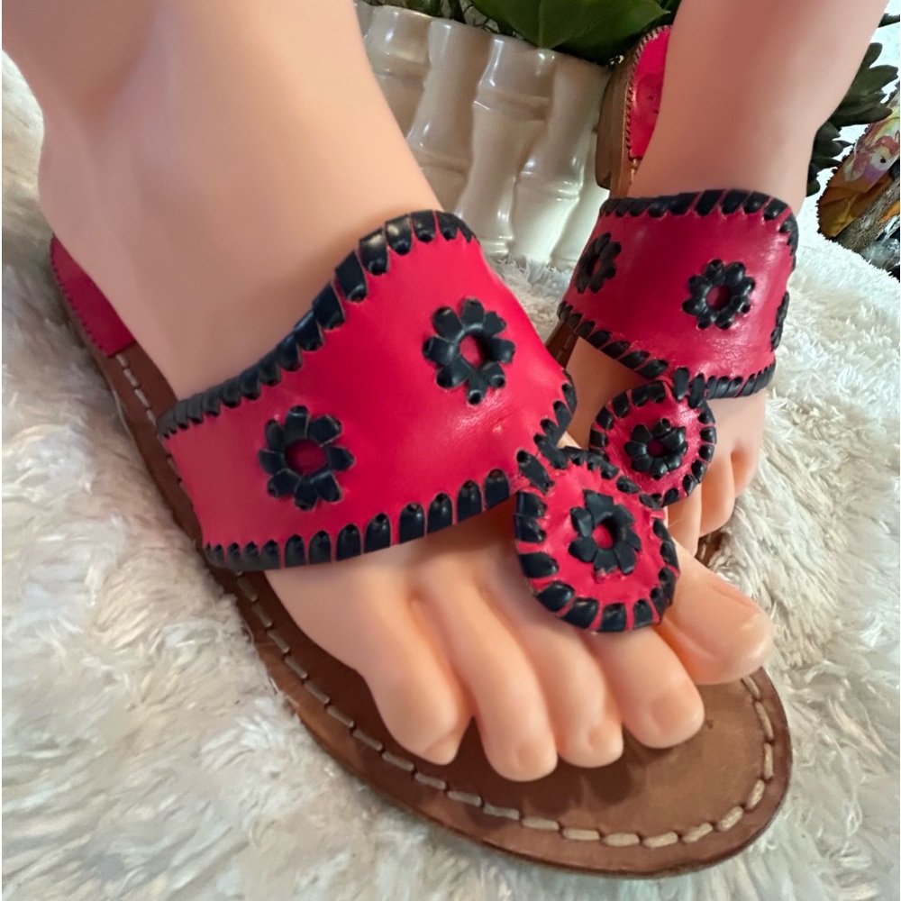 Jack Rogers sandals thongs flip flops Lisa 8.5 leather bright hot pink navy blue